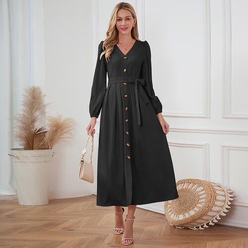 Women's Maxi Dress - V-Neck Button Front - Long Sleeve Tie Waist Flowy Fit