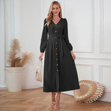 Women's Maxi Dress - V-Neck Button Front - Long Sleeve Tie Waist Flowy Fit