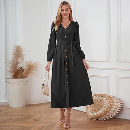 Women's Maxi Dress - V-Neck Button Front - Long Sleeve Tie Waist Flowy Fit