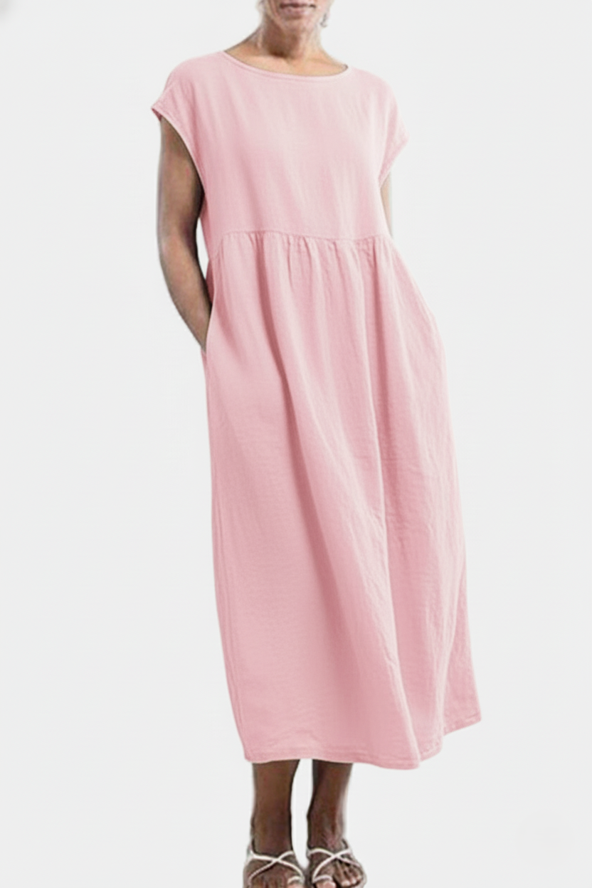 Women's Linen Midi Dress - Loose Fit - Short Sleeve - Lightweight & Breathable
