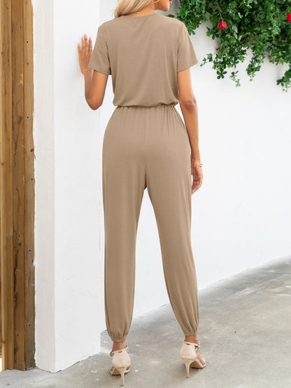 Women's v-neck short sleeve jumpsuit with pockets