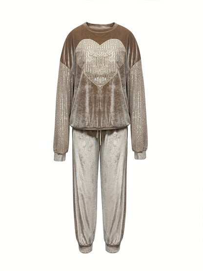Women's brown velvet heart top and cropped pants set
