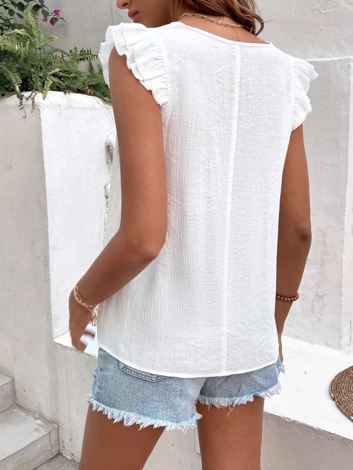 Women's Sleeveless Blouse - V-Neck Embroidered - Lightweight Flowy Ruffled