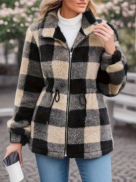 Checked Adjustable Waist Teddy Jacket