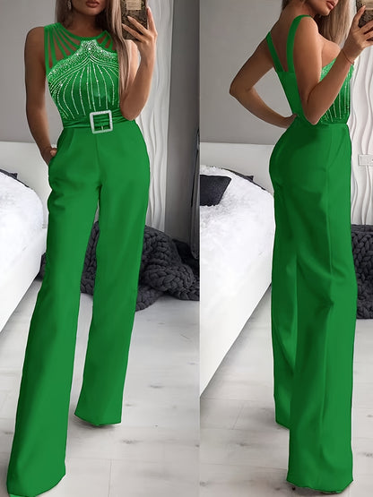 Women's Jumpsuit - Strappy Shoulder Design - Embellished Fitted Bodice - Wide-Leg Belted Waist