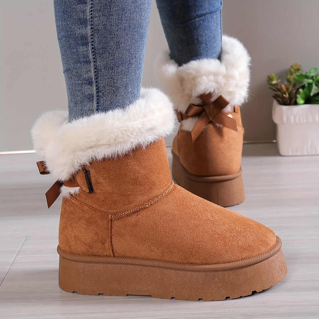 Women's stylish mid-top fleece and padded plush boots with bow knot