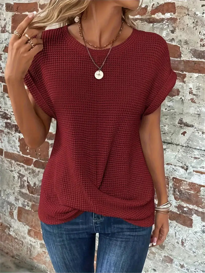 Women's Casual Top - Waffle Knit - Short Sleeve Rolled Cuff - Round Neck Relaxed Fit
