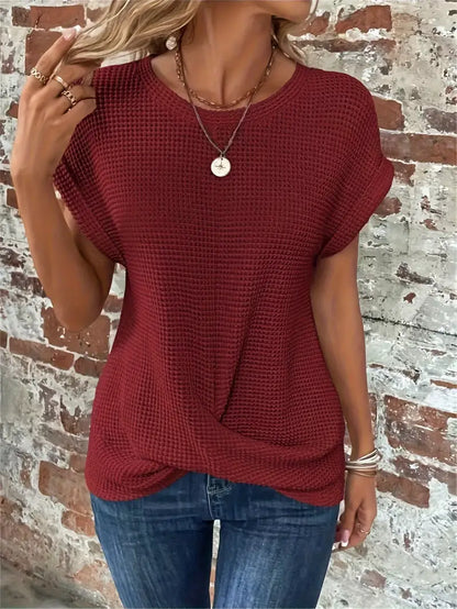 Women's Casual Top - Waffle Knit - Short Sleeve Rolled Cuff - Round Neck Relaxed Fit