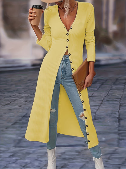 Women's Long Cardigan - Ribbed Knit - Button-Front V-Neck - Tailored Fit