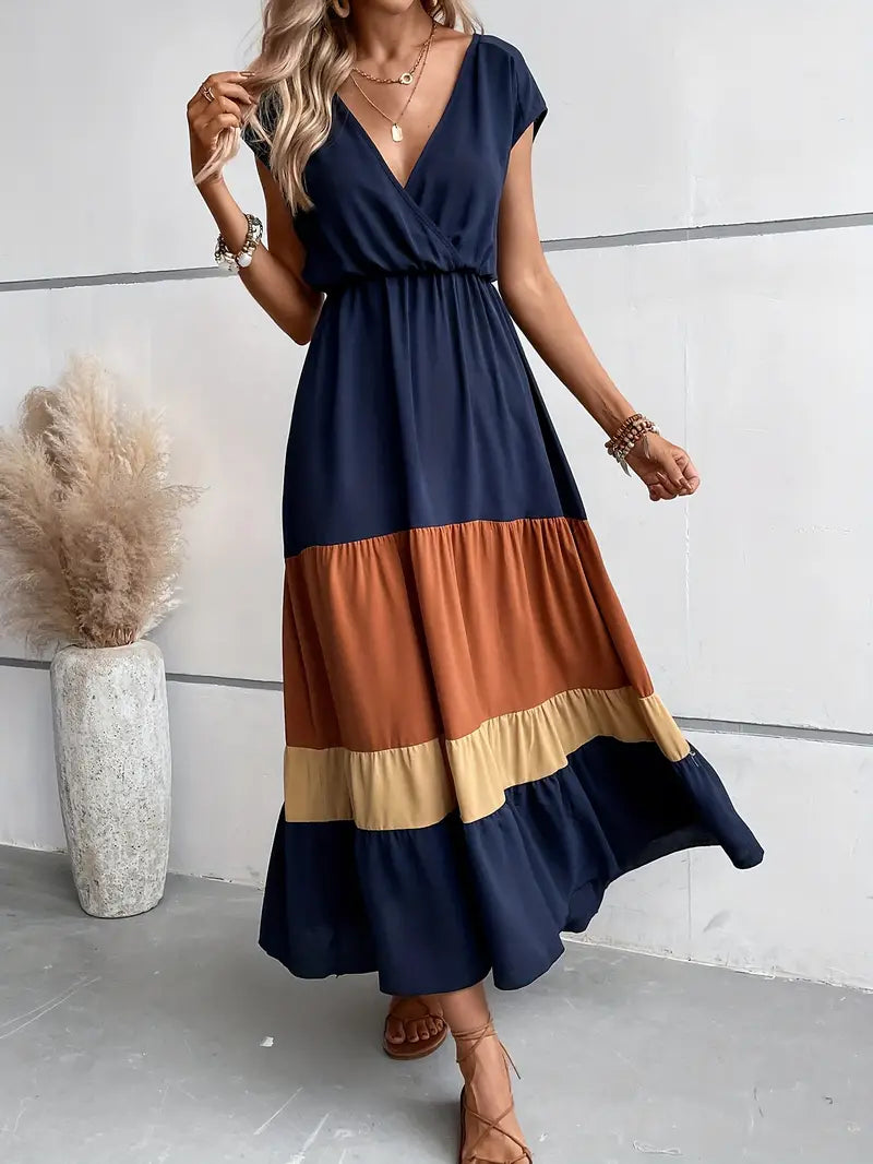Women's Maxi Dress - V-Neck Short Sleeve - Cinched Waist Flowing Fit - Asymmetrical Hem