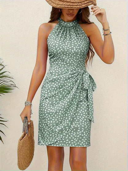 Women's Halter Neck Mini Dress - Sleeveless Wrap Style - Form-Fitting Elegant Look