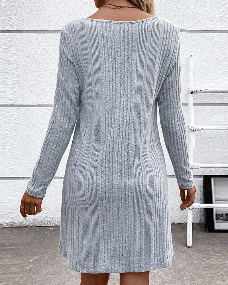 Women's Ribbed Knit Dress - Long Sleeve - Round Neck - Button Detail - A-Line Fit