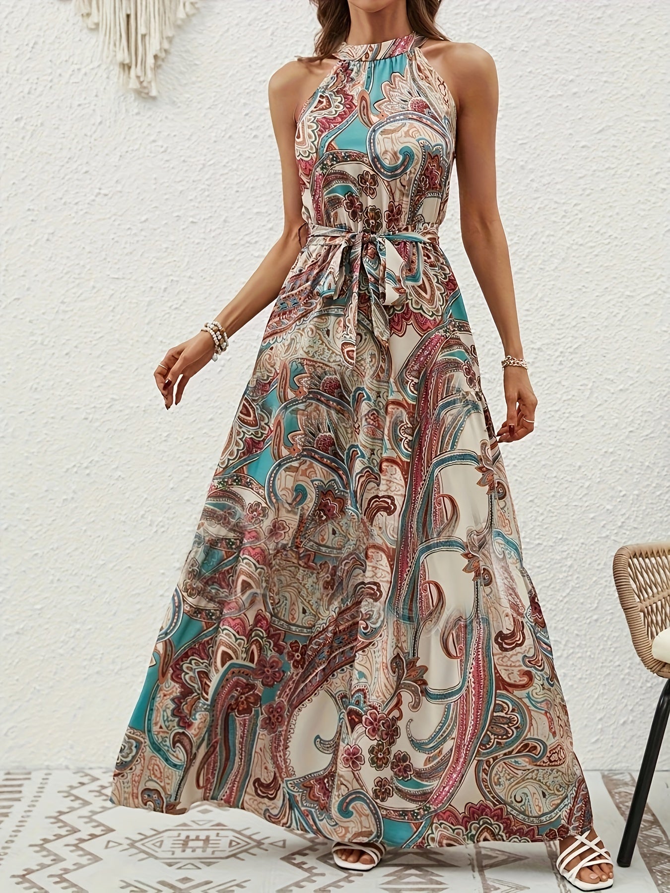 Halter-neck paisley print maxi dress with tie waist for women