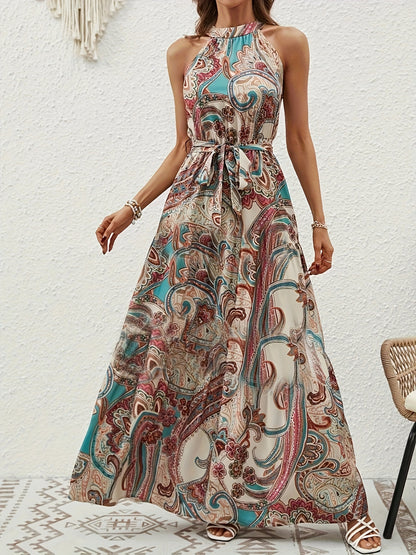 Halter-neck paisley print maxi dress with tie waist for women