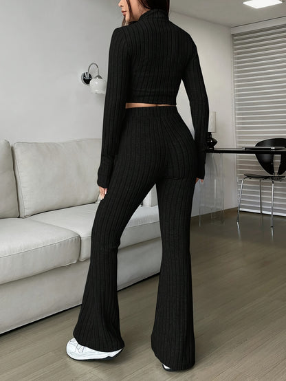 Two-piece ribbed zip-up cropped jacket and flared pants lounge set for women