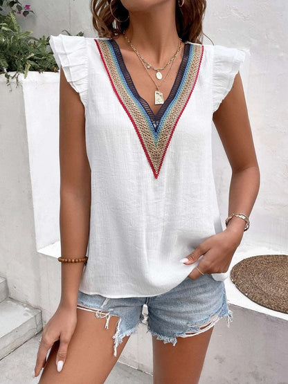 Women's Sleeveless Blouse - V-Neck Embroidered - Lightweight Flowy Ruffled