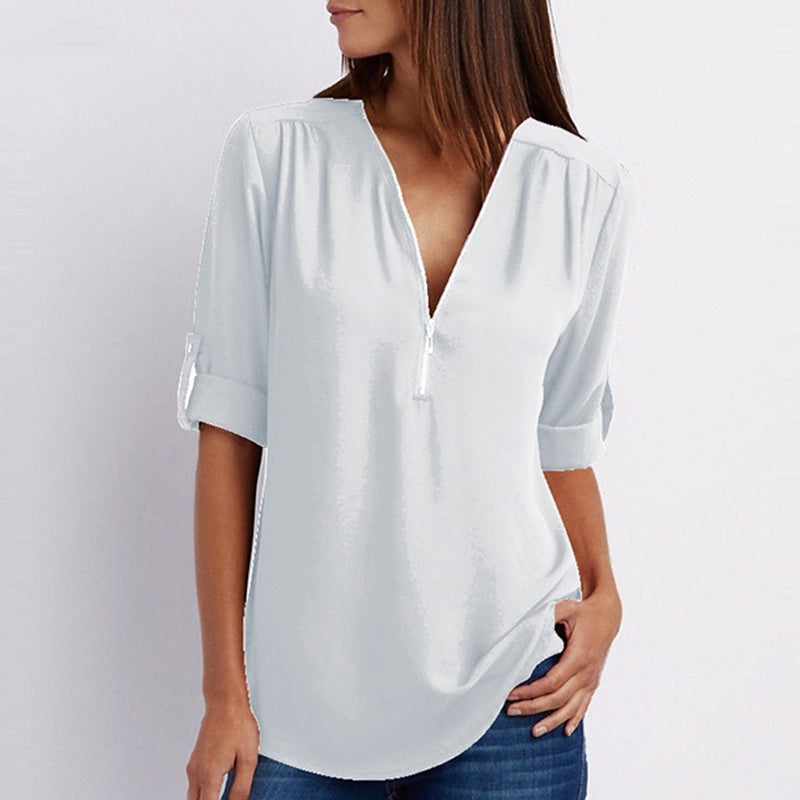 Flowy V-Neck Roll-Tab Sleeve Blouse