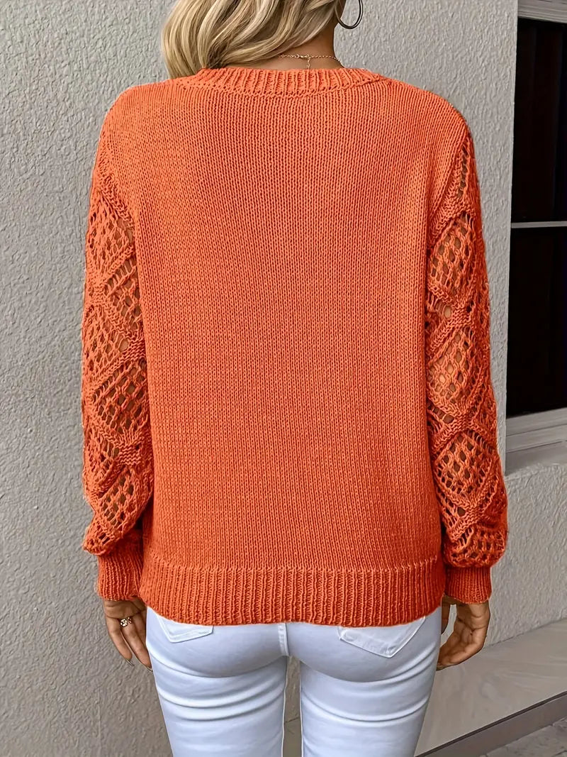 Women's spring autumn cut-out knit crochet jacquard v-neck sweater pullover