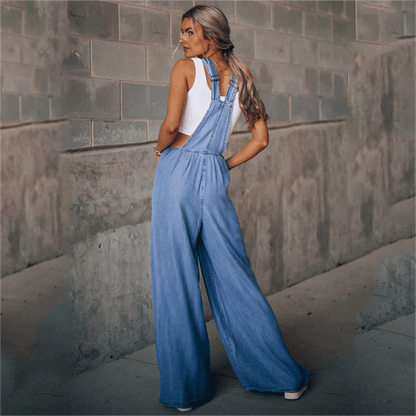 Women's Denim Overalls - Wide Leg - Adjustable Straps - Relaxed Fit Casual Wear