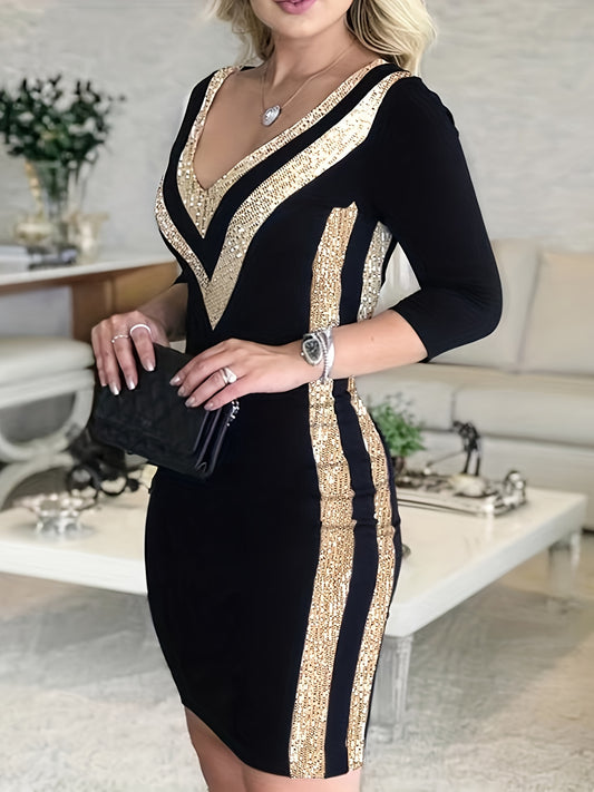 Metallic Embellished V-Neck Bodycon Dress