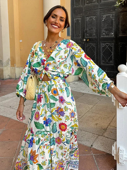 Floral Print Lantern Sleeve Waist-Baring Dress