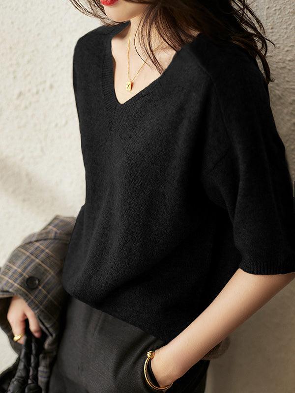 Women's v-neck five-point sleeves sweater