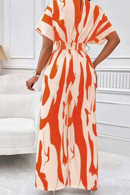 Women's Jumpsuit - V-Neck - Short Sleeve - Wide Leg - Cinched Waist - Lightweight