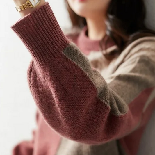 Colorblocked Twist Knit Semi-High Neck Sweater