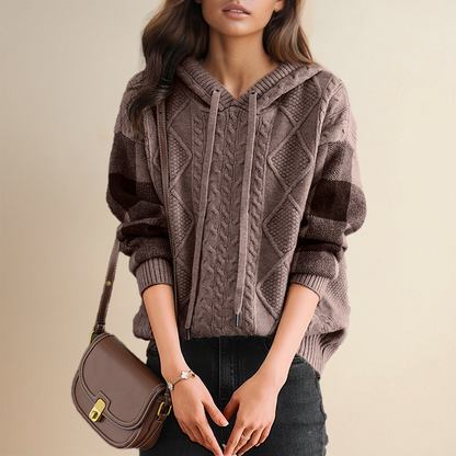 Women's casual hooded loose knit long sleeve with drawstring