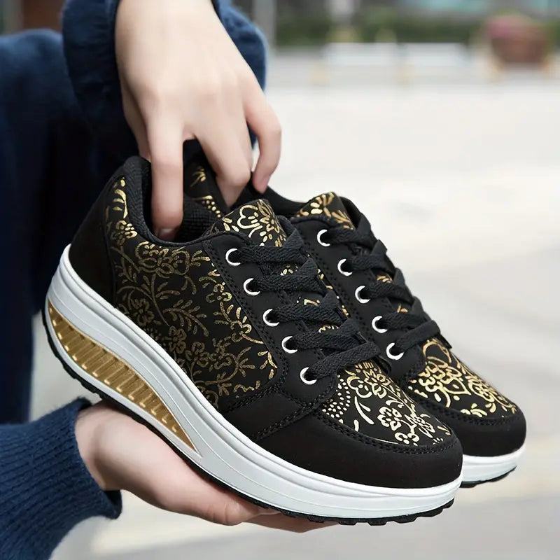 Women's Platform Sneakers - Floral Lace-Up - Cushioned Insole - Casual Comfortable