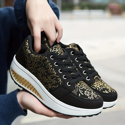 Women's Platform Sneakers - Floral Lace-Up - Cushioned Insole - Casual Comfortable