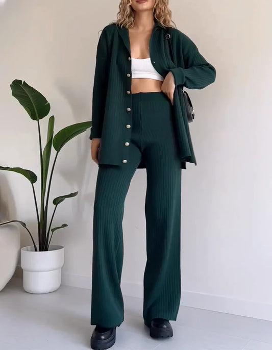 Ribbed Knit Wide-Leg Pant Set
