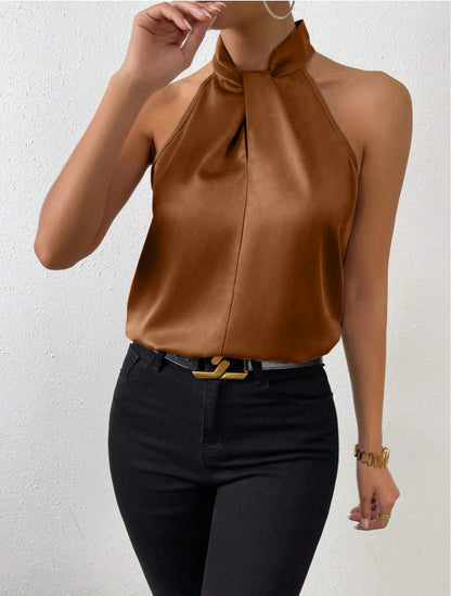 Women's Satin Halter Top - Elegant High Neck - Comfortable Fit - Stylish Look