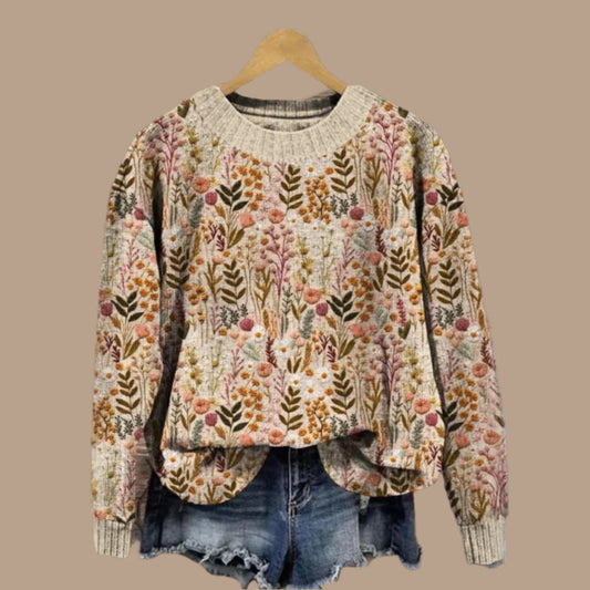 Floral Round Neck Pullover Sweater