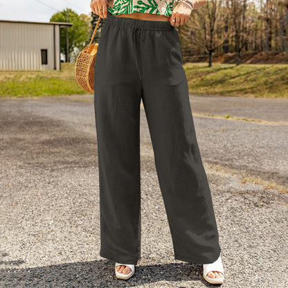 Women's Wide-Leg Pants - Cotton Linen Blend - Elastic Drawstring Waist - Relaxed Fit