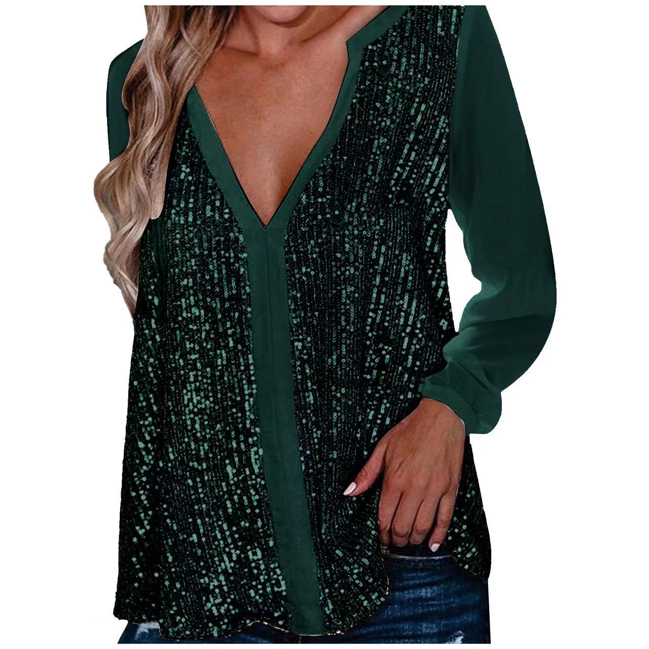 Women's Sequin Blouse - Deep V-Neck - Sheer Long Sleeves - Loose Fit Party Top
