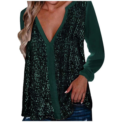 Women's Sequin Blouse - Deep V-Neck - Sheer Long Sleeves - Loose Fit Party Top