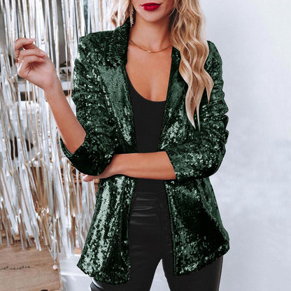 Sequin blazer with lapel collar for women