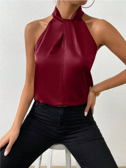Women's Satin Halter Top - Elegant High Neck - Comfortable Fit - Stylish Look