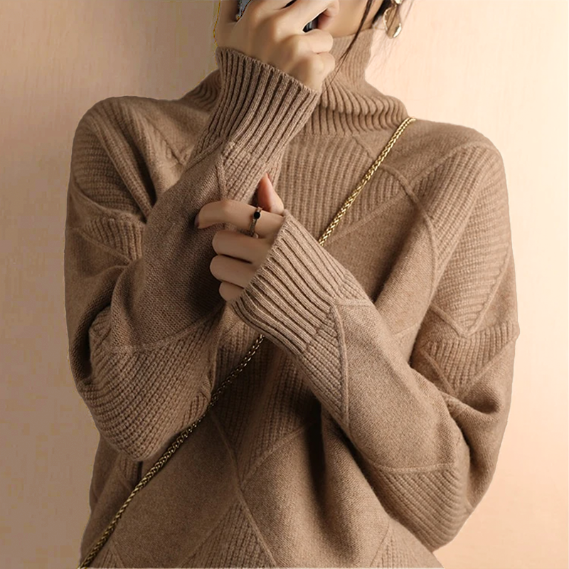 Women's trendy high diamond lattice textured solid color pullover