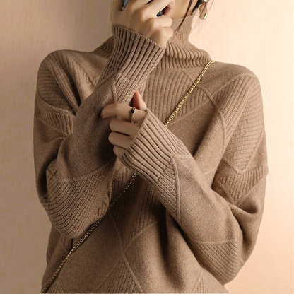 Women's trendy high diamond lattice textured solid color pullover