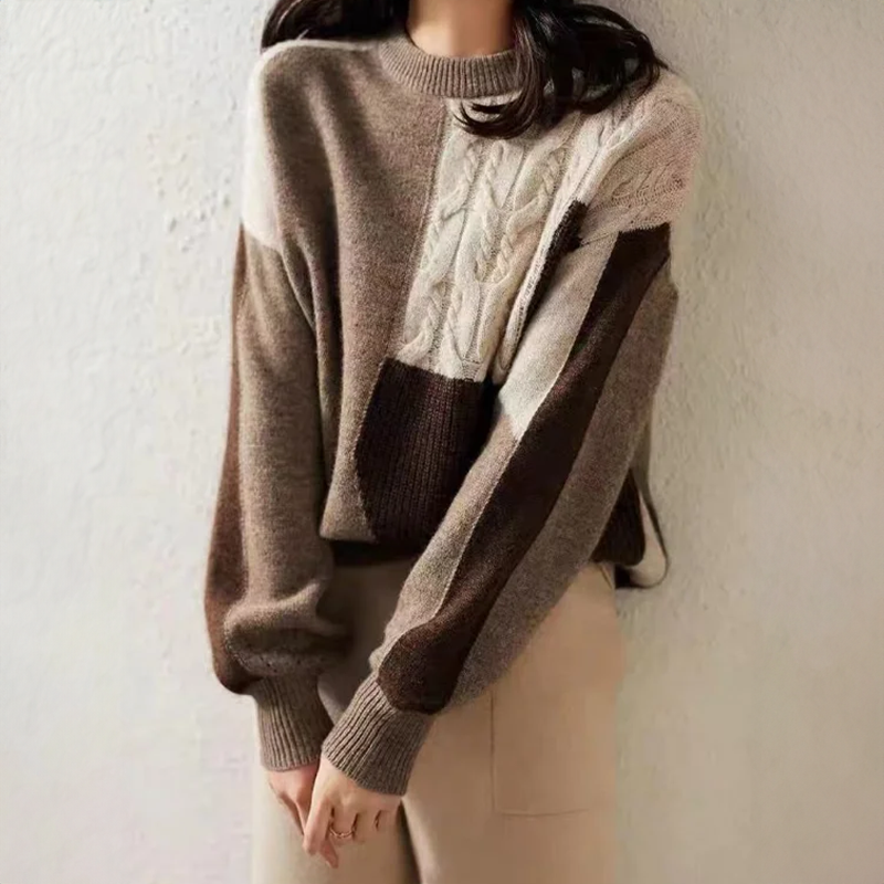 Women's color-blocked twist thick knit semi-high neck sweater