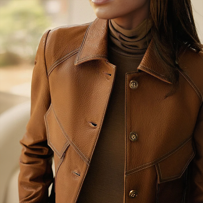 Women’s Faux Leather Jacket – Tailored Fit – Button Front – Classic Collar – Flap Pockets