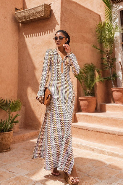 Women’s Maxi Dress – Slim Fit – Stretch Fabric – Long Sleeve – Keyhole Neckline