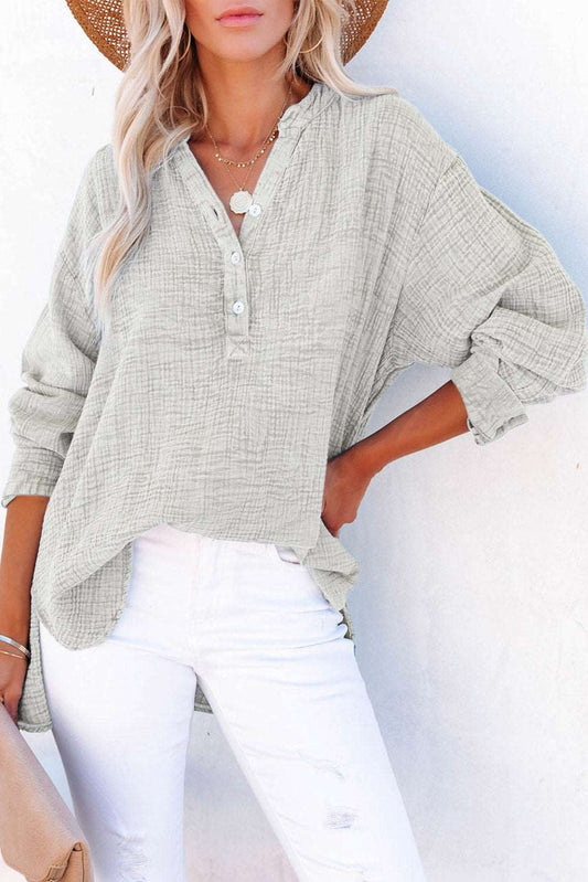 Loose Fit Button-Up V-Neck Blouse