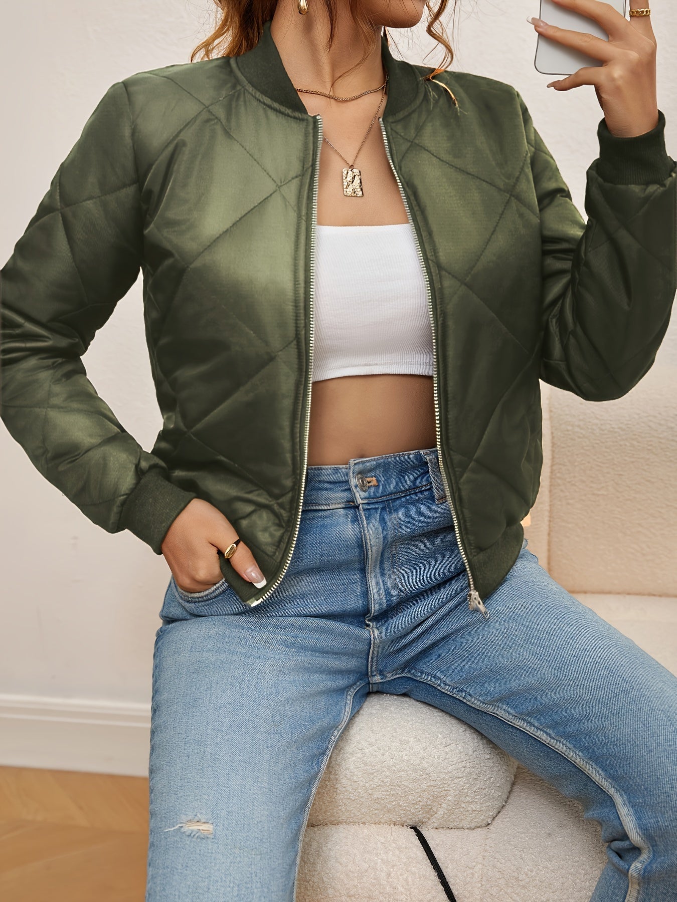 Women’s Bomber Jacket – Quilted Argyle Pattern – Cropped Fit – Ribbed Trim – Zip Closure