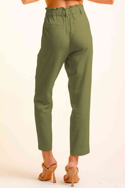 Women’s Cropped Pants – High Waist Paperbag Style – Button Detail – Tapered Fit Casual Wear