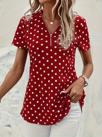 Women's Polka Dot Blouse - V-Neck with Zipper - Short Sleeve - Relaxed Fit