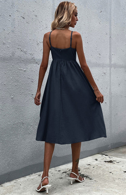 Women's A-Line Midi Dress - Sleeveless Spaghetti Strap - Button-Down Flared Fit