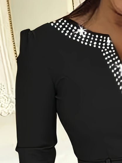 Women's V-Neck A-Line Dress – 3/4 Sleeve – Embellished Details – Belted Waist